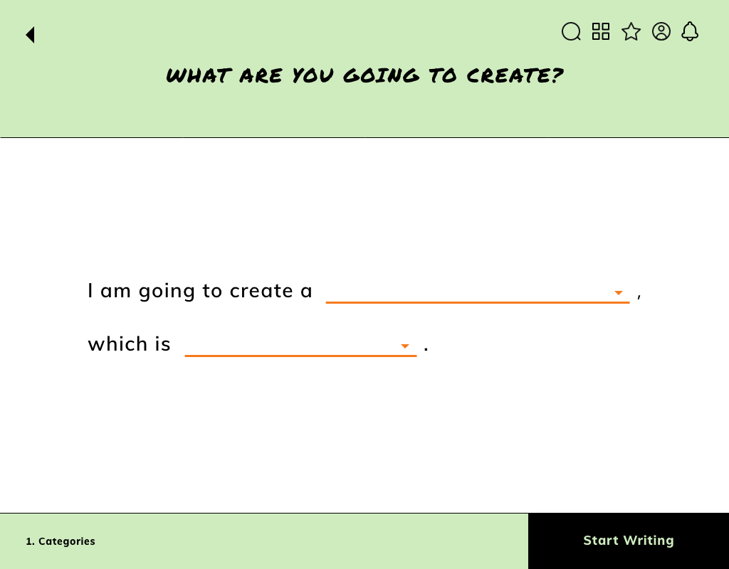 Connected Creatives starting screen encouraging a school student to write a creative story